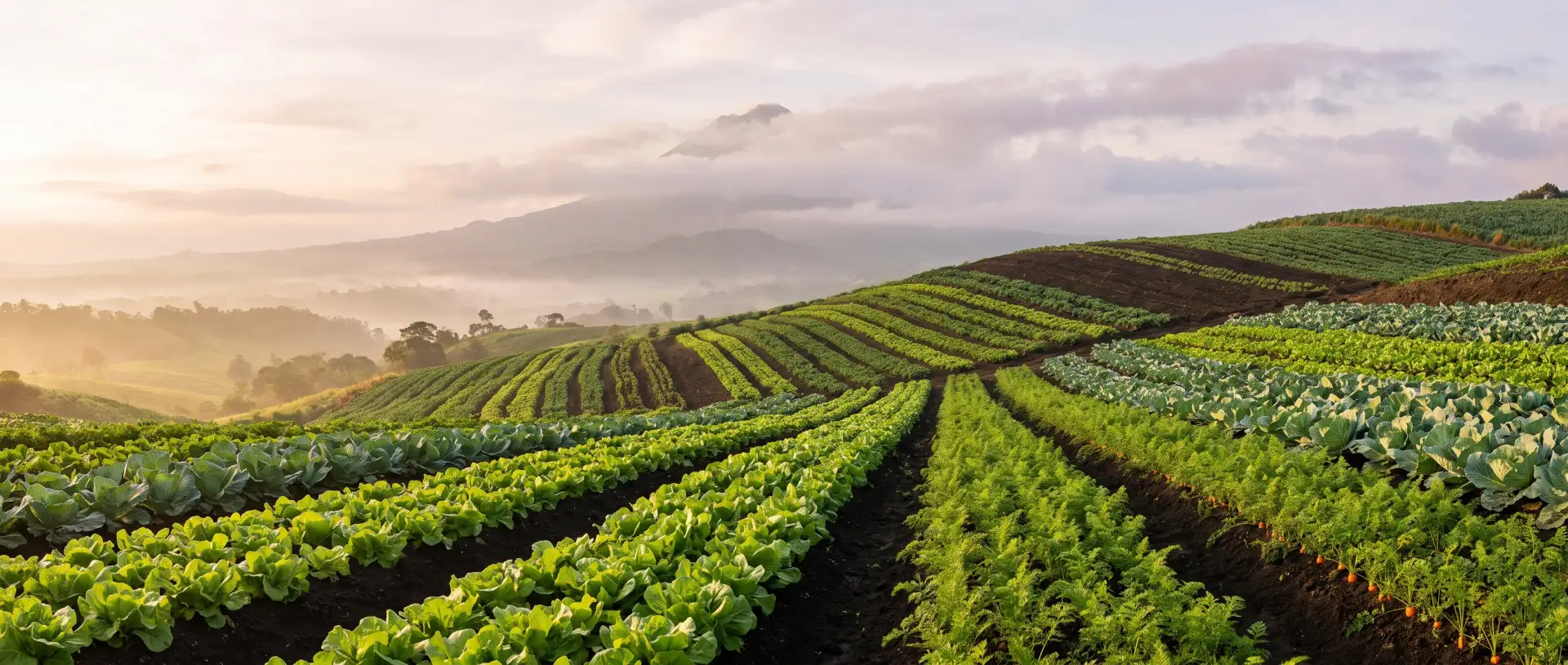 Campos de hortalizas con un volcán al fondo