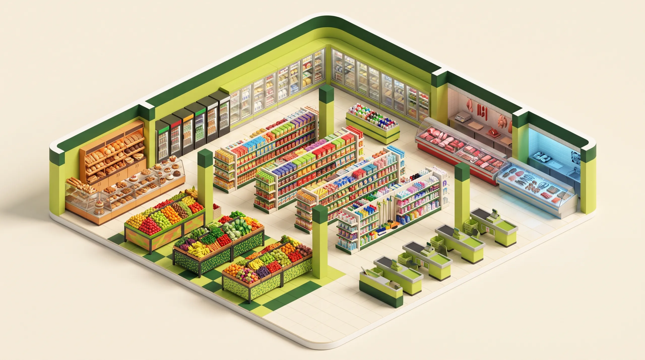 Vista isométrica de la tienda: frutas y verduras a la entrada, panadería a la izquierda, refrigeradores al fondo, carnes y pescadería a la derecha y cajas junto a la salida.